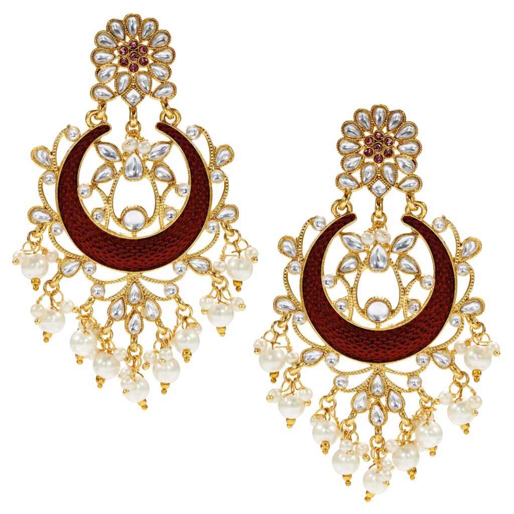 18K Gold Plated Traditional Jewellery Kundan Pearl Golden Chandbali Earrings for Women Girls