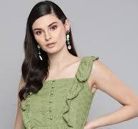 Olive Green Cotton Picoting Frill Top