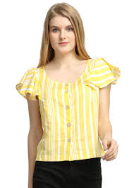 White & Yellow Stripe Linen Frill Top