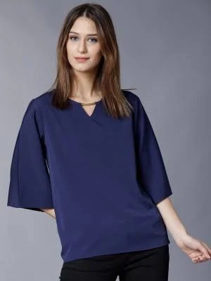 Navy Blue One Shoulder American Crepe Printed Top